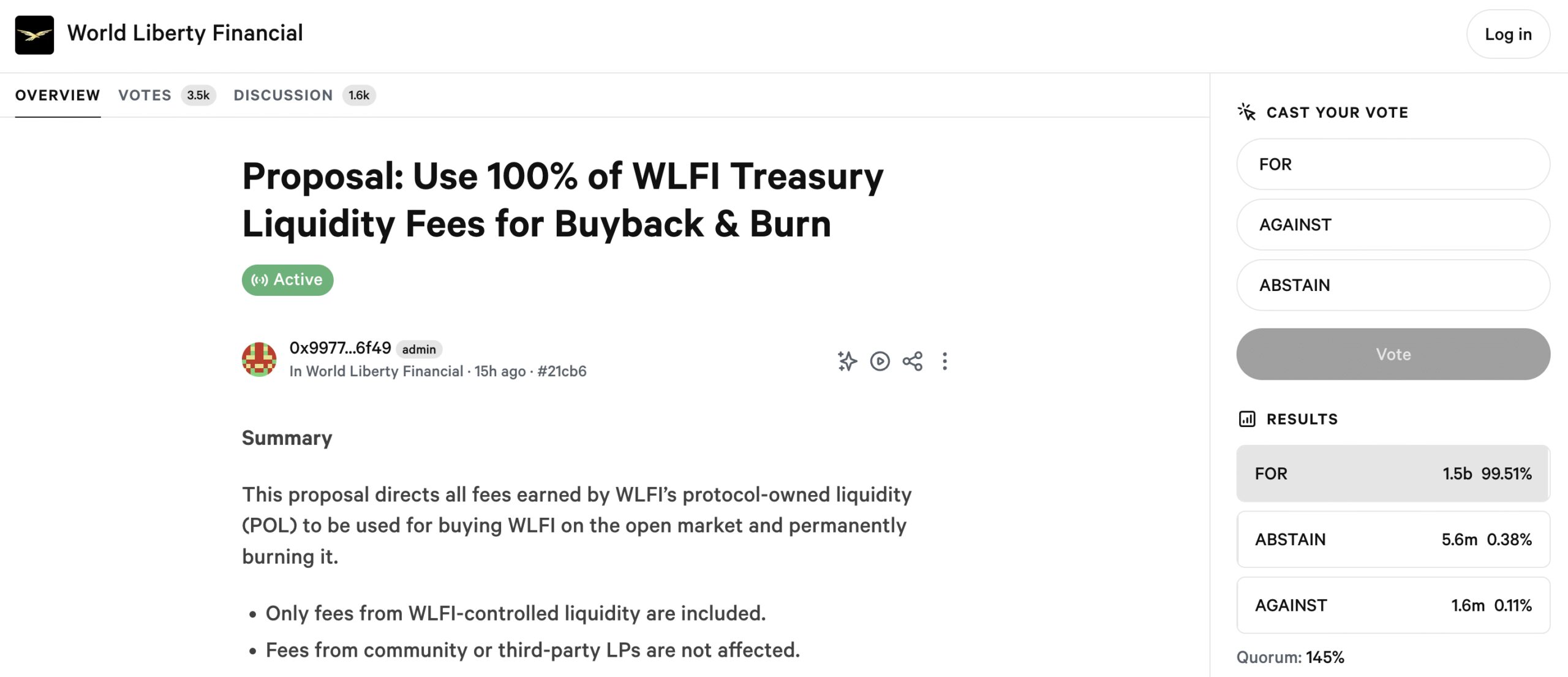 WLFI proposal voting rate. Source: WLFI